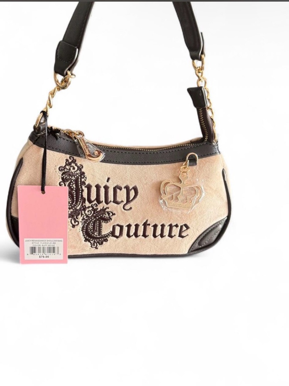 Juicy Couture Beige Shoulder Bag with Black Trim and Gold Charm